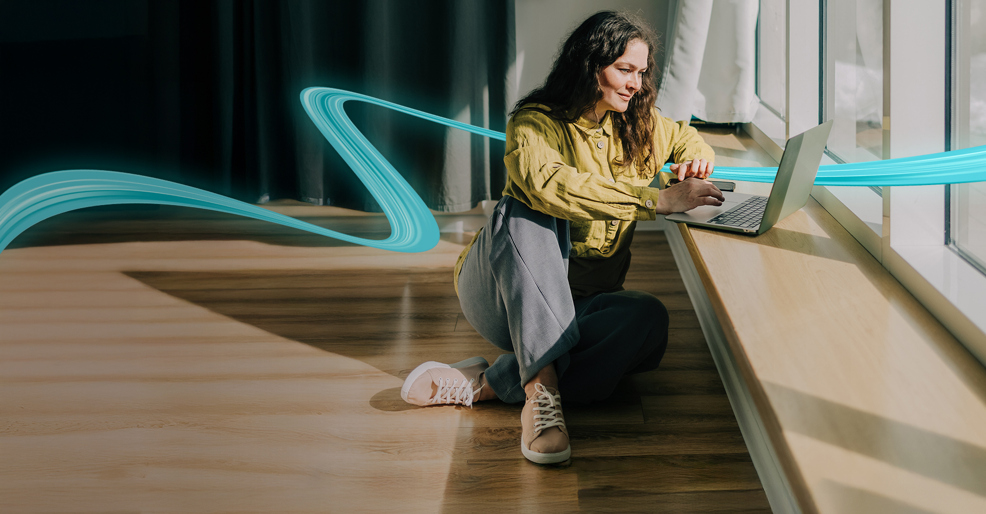 woman sitting on hardwood floor